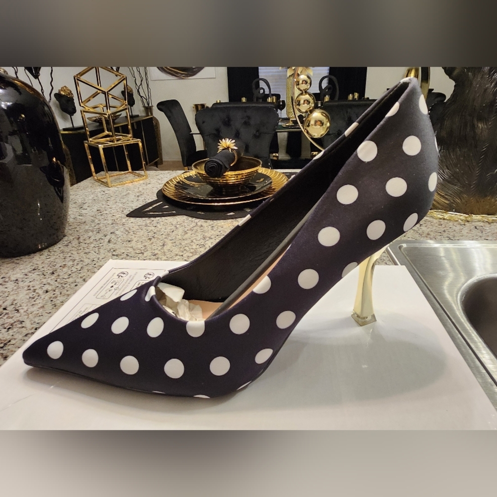 EMAYSPORIUM Satin Polka Dot Pumps W/Gold Heel-(NEW) SZ 10